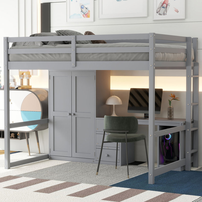 Loft Bed With Wardrobe, Gray
