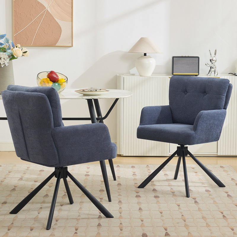 Modern Upholstered Swivel Armchairs with Tufted Back, Metal Legs, Navy Chenille