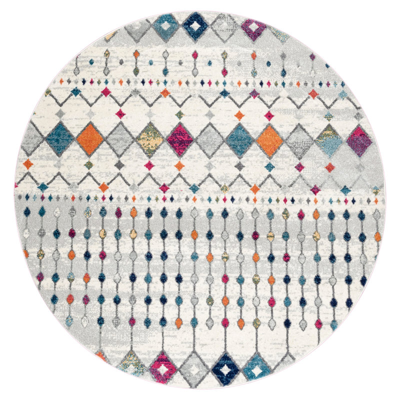 Tapis marocain clair tissé à la machine ivoire, beige, gris, bleu, orange et magenta Clair, Rond 5 pi