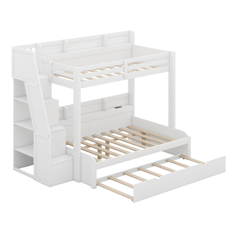 Lit superposé en bois simple au-dessus d'un lit double avec escalier de rangement et tablettes de rangement intégrées, cadre de lit superposé avec lit gigogne et port USB