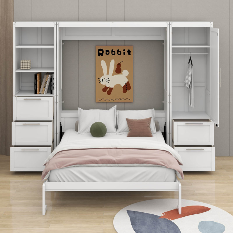 Grand lit escamotable avec placard, tiroirs et tablettes, Gris