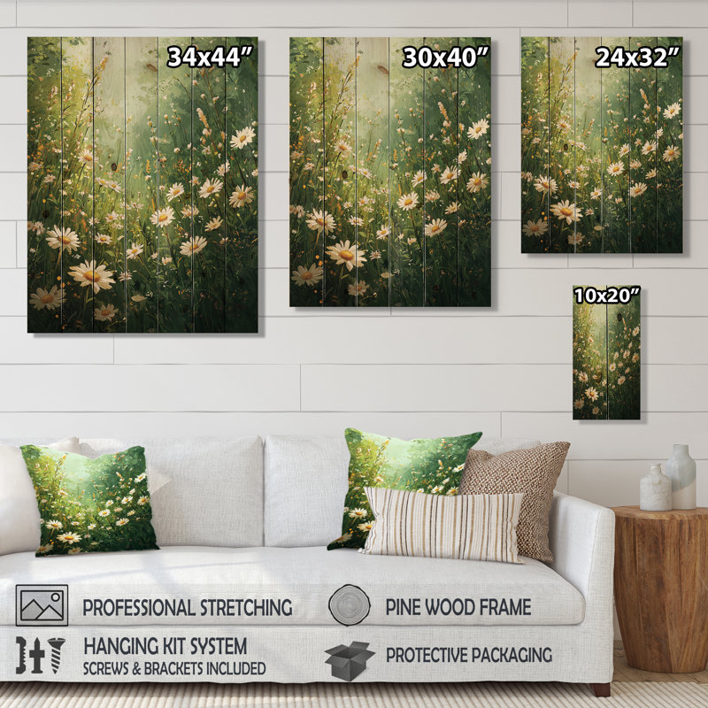 White Country Daisies Dream - Daisies Wood Print - On Natural Pine Wood, 32" H x 24" W x 0.78" D