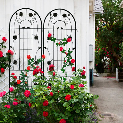 2 treillis de jardin en métal 71 po x 19,7 po, aide à la floraison extérieure antirouille, noir, assemblage sans effort, ensemble de 2 treillis en fer, support à plante, étapes d'assemblage simples,