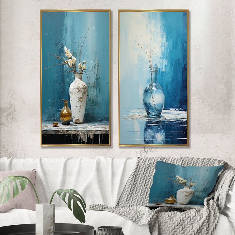 Ensemble de 2 décorations murales bleues et blanches Boho Pottery I, Cadre flottant doré, H 32 po x l 33 po
