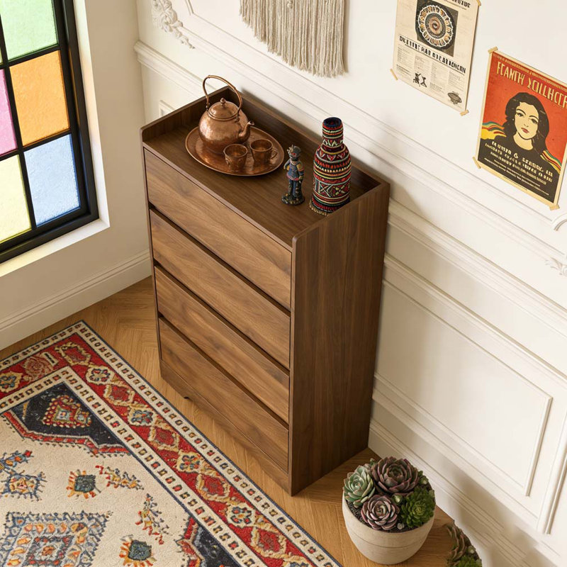 Commode 4 tiroirs, commode sans poignée, Brun