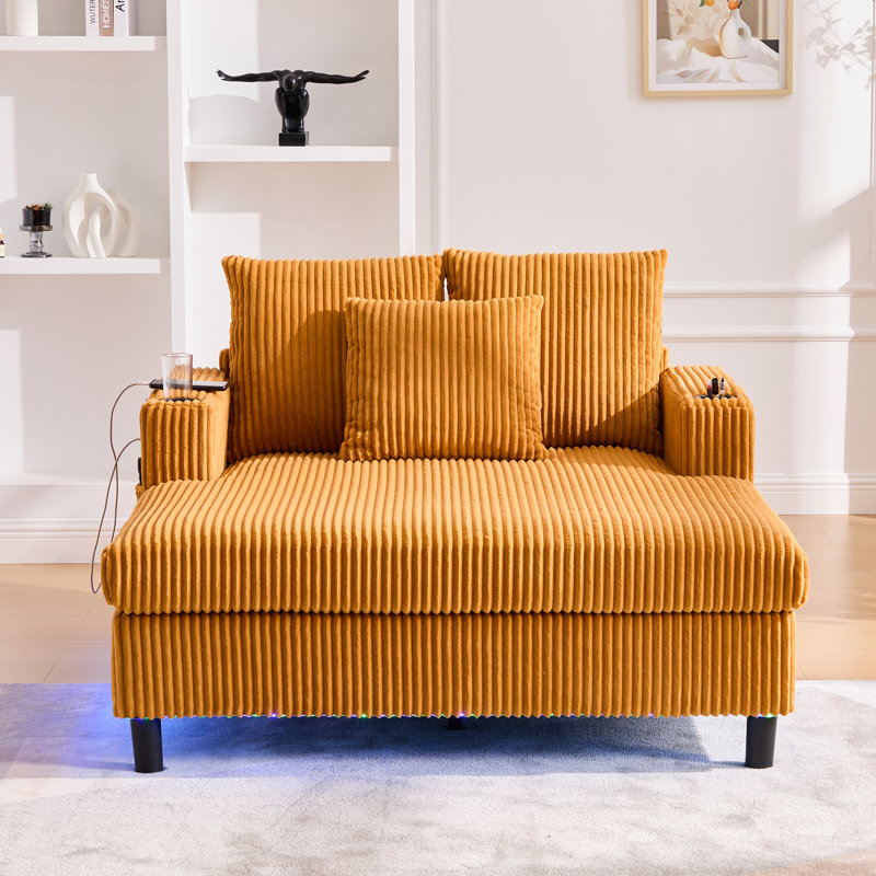 Canapé inclinable moderne en velours côtelé surdimensionné avec assise profonde, 3 coussins, charge USB, bande lumineuse à DEL RVB, porte-gobelet, poche latérale - convient au salon et à la chambre à coucher
