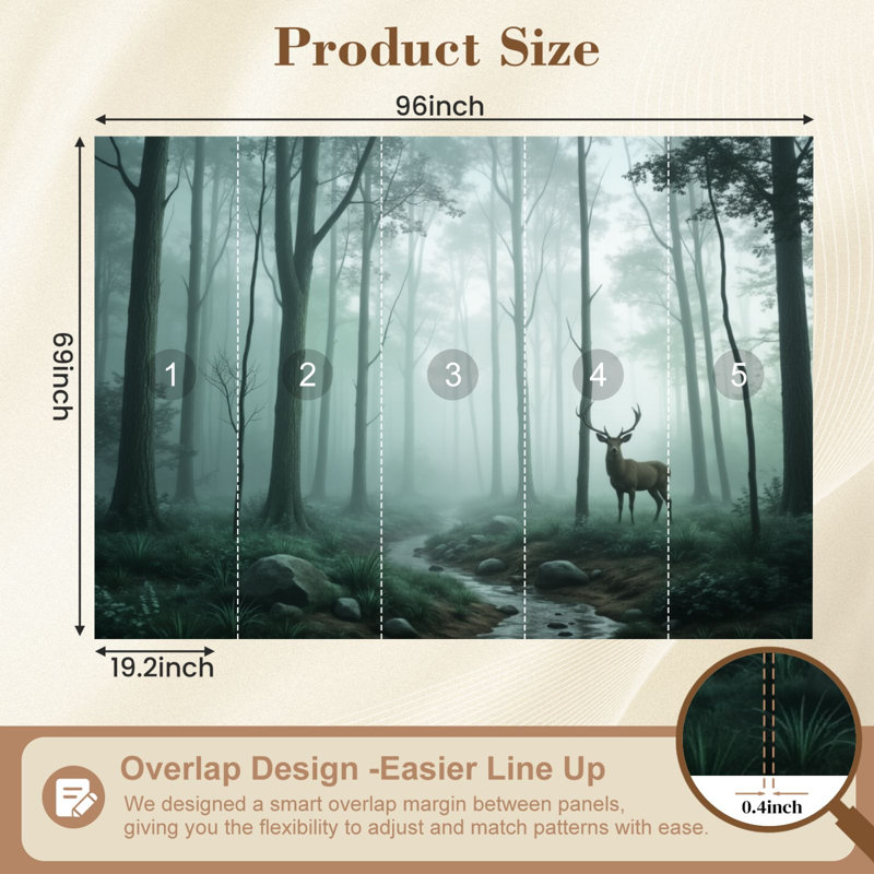 Papier peint auto-adhésif Misty Forest Landscape Deer Tall Trees Serene Fog, L 96 po x l 69 po