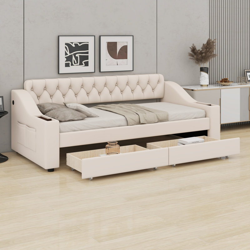 Upholstered Daybed With Storage Armrests And USB Port, Beige