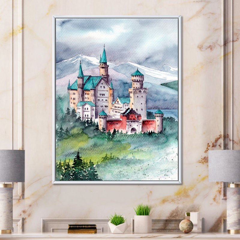 Château avec toit bleu dans les montagnes couvertes - peinture sur toile, H 32 po x l 24 po, Toile à cadre flottant blanc