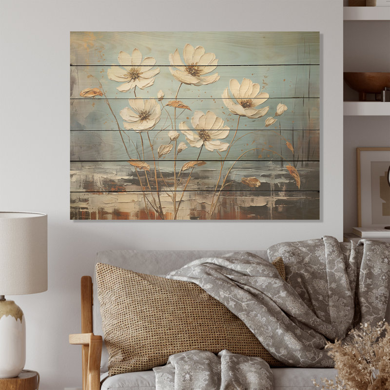White Daisy Flower Charm - Daisies Wood Wall Art On Natural Pine Wood, 30" H x 40" W