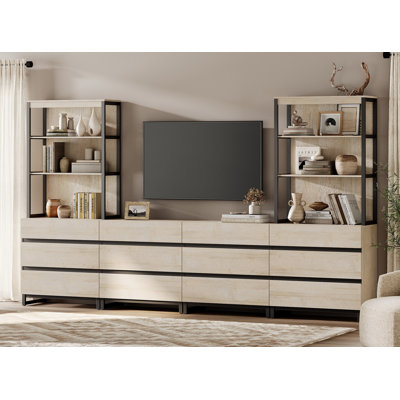Waite Modern TV Stand With 3 Tiers Bookshelf, Farmhouse Entertainment Center With 12 Drawers And Adjustable Shelf, Wooden Media TV Console With Black Metal Leg For Living Room