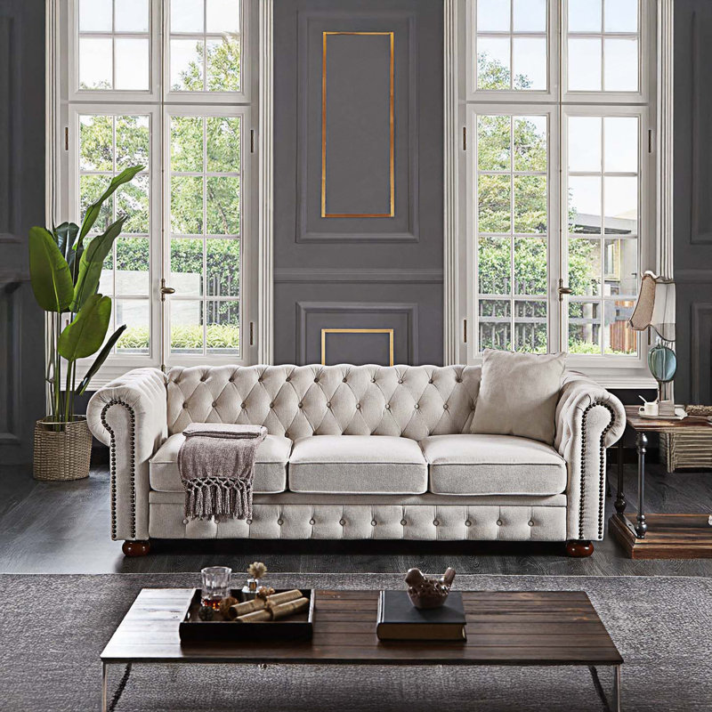 Canapé Chesterfield, canapé confortable, canapé moderne avec accoudoirs roulés, Beige