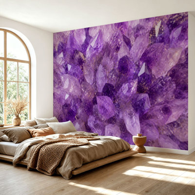 Wall Mural Peel and Stick Wallpaper Violet Purple Amethyst Quartz Crystal Geode Self-Adhesive Removable Contact Paper Wall Decor for Living Room Bedroom 69"H x 96"W