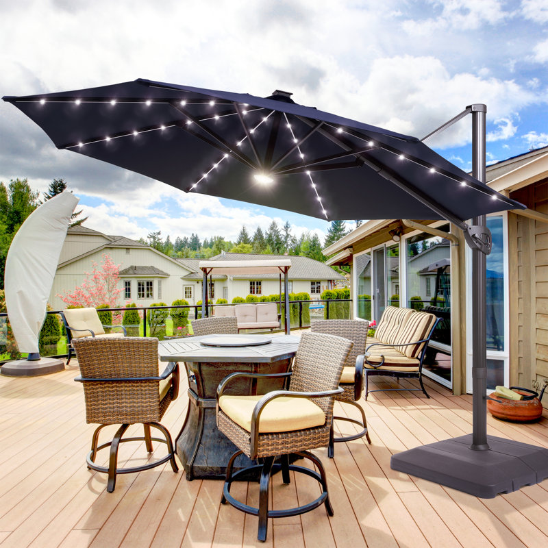 Navy Blue 11ft Cantilever Umbrella with LED Lights and Base