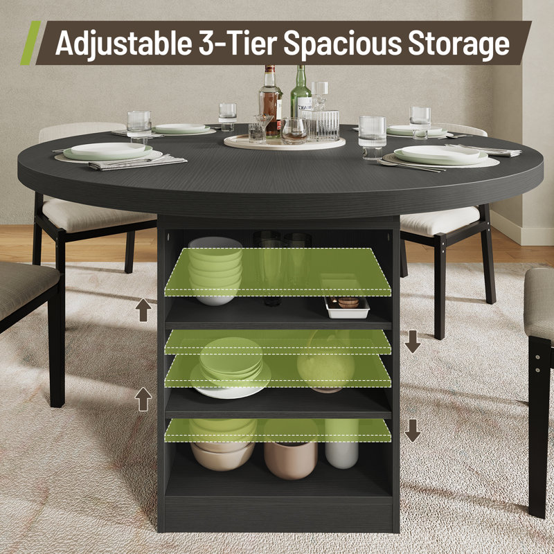 43.3"-59" Extendable Round Dining Table for 4-8, Oval Kitchen Dining Table with Storage, Pedestal Dining Table, Black