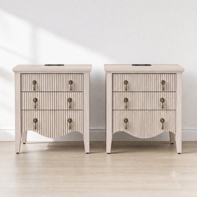 Avenall Nightstand With Charging Station, Vintage Bedside Table With 3 Fluted Drawers And Open Shelf, Rustic End Table With Power Outlet And Usb Ports For Bedroom, Wite Oak