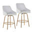 Tabouret de comptoir de 26 po à hauteur fixe avec pivot en similicuir blanc, avec pieds et repose-pieds en métal doré et poignée dorée - ensemble de 2