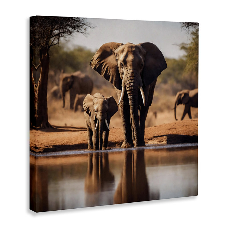 Elephant & Calf at Waterhole Canvas Wall Art by Noah Bay, 17" H x 17" W