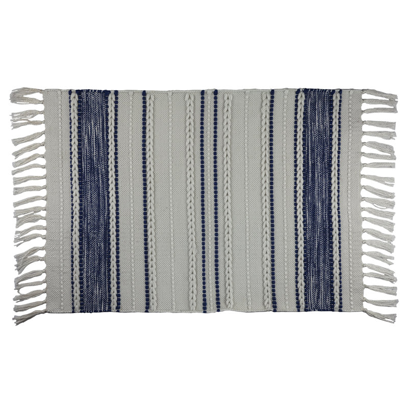 Tapis rayé fabriqué à la main blanc / bleu marine intérieur / extérieur, Rectangle 2 pi x 3 pi