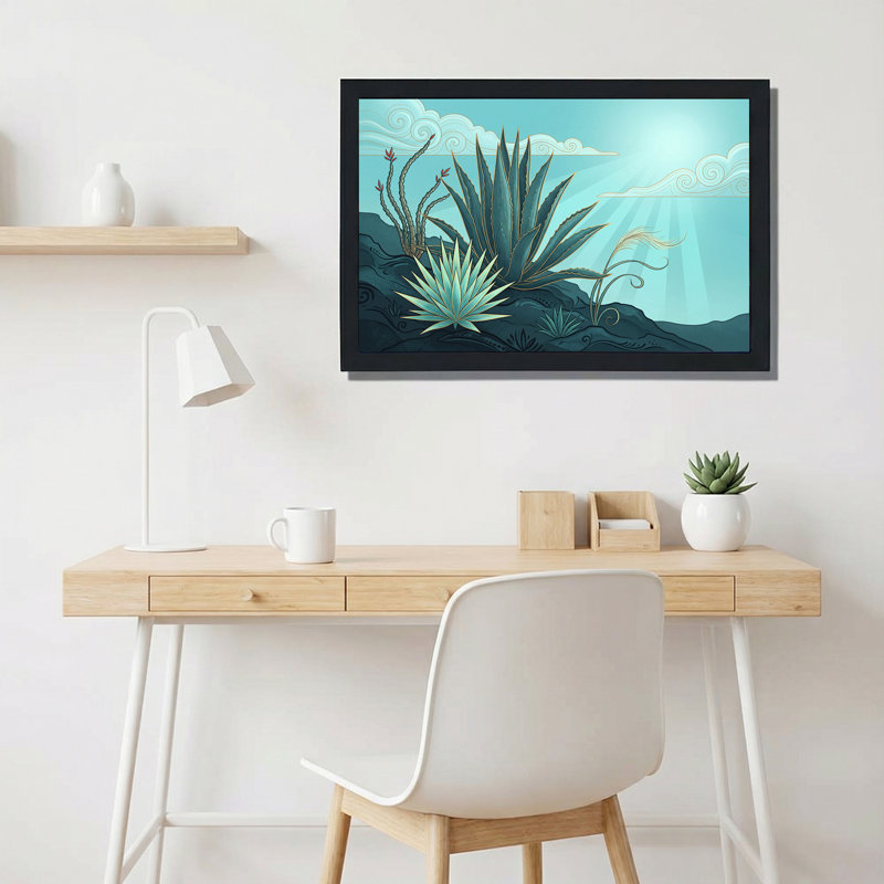Agave bleue et plantes grasses avec contours dorés et art mural sur toile, 20"H x 30"W