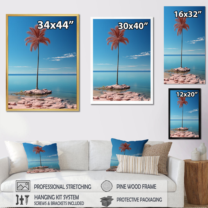 Sea Breeze Blue and Pink Plam Tree III sur toile, H 44 po x l 34 po x P 1,5 po, Cadre photo argenté