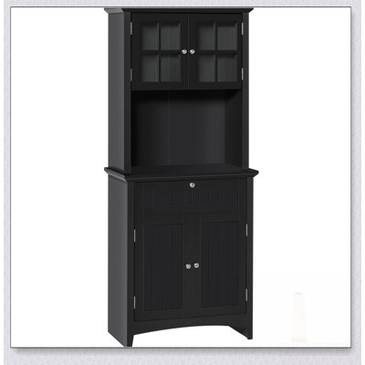 Élégant buffet avec huche, armoire de rangement pour garde-manger avec porte vitrée encadrée, tiroir et espace pour micro-ondes, noir