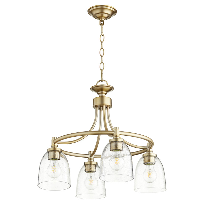 Lustre en roue de chariot à 4 lumières avec abat-jour Herman, Aged Brassed