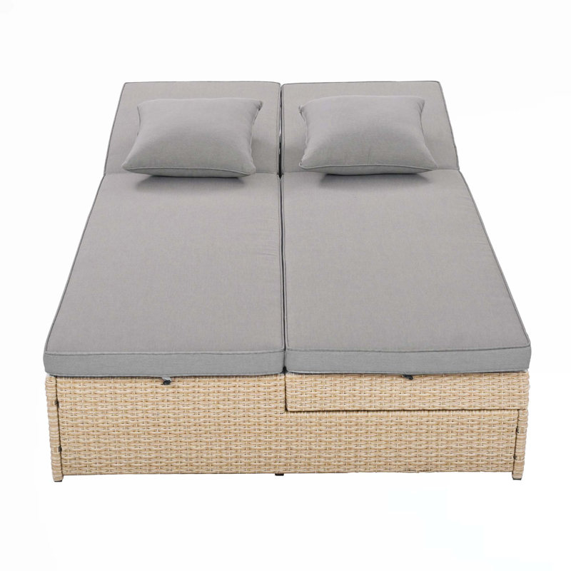 Outdoor Double Sunbed, Wicker Rattan Patio Reclining Chairs With Adjustable Backrest And Seat, Gray