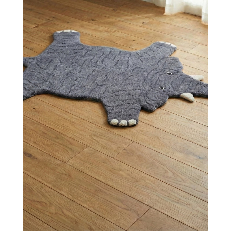 Tapis en velours brodé éléphant Asana, Bleu