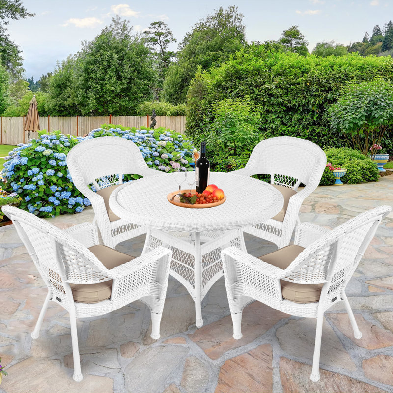4 - Person Patio Dining Set with Round Table , Cushions Included, White, Tan