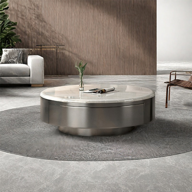 Table basse italienne ronde en marbre, H 13 po x L 31,5 po x l 31,5 po, Blanc