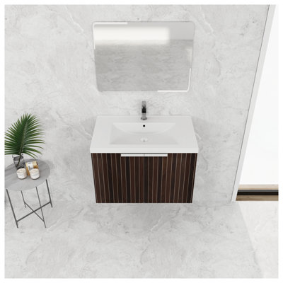Meuble-lavabo 30 po avec lavabo en résine et portes à fermeture douce, armoire en contreplaqué à rayures brun argenté