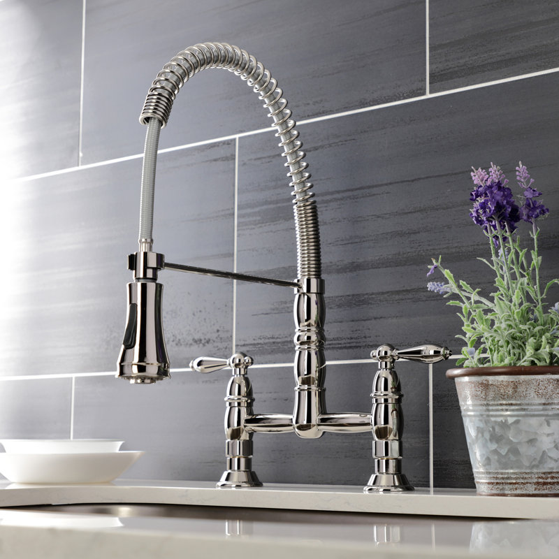 Kingston Brass Heritage Double-Handle 2-Hole Deck-Mount Pre-Rinse Bridge Kitchen Faucet, Polished Nickel