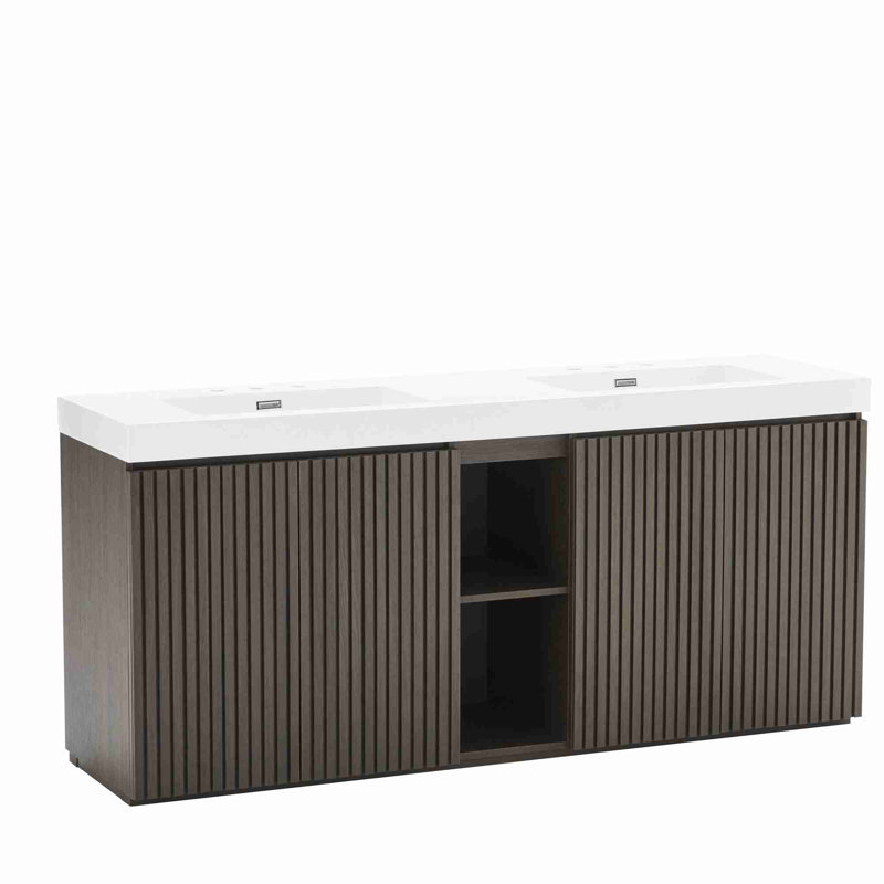 Meuble-lavabo de salle de bain avec lavabo, Chêne / fumée, Blanc