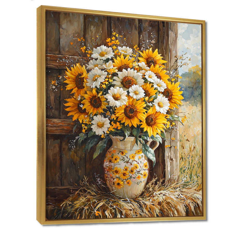 Donie tournesol et bouquet de pivoines à la ferme I - tournesols, art mural, H 20 po x l 12 po, Doré