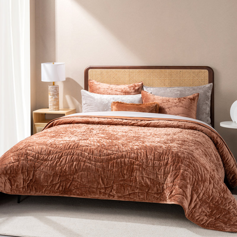 EVERGRACE Wave Crushed Velvet Duvet Cover & Comforter Set - Queen/King Size Oversized Bedding Set with 2 Shams, Burnt Orange
