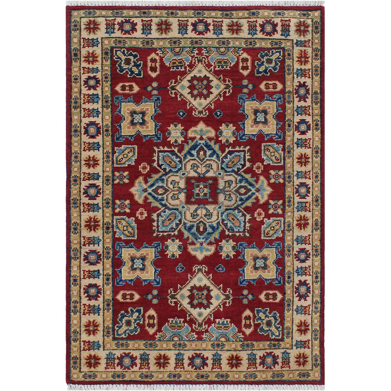 Tapis oriental rouge / beige en laine noué à la main 2 pi 9 po x 4 pi 2 po Madeeha