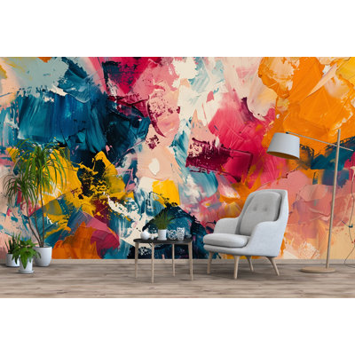 Murale couleur abstraite - Papier peint à coups de pinceau audacieux, décoration murale artistique moderne pour bureau, studio ou salon