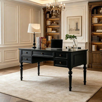 Black Durable Solid Wood 5-drawer Writing Desk