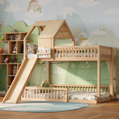 Full XL over Queen Wood Bunk Bed with Slide & Built-In Ladder for Kids, Teens, Indoor Playhouse, Natural