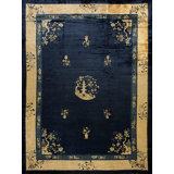 Antique Peking Chinese Floral, Medallion Beige, Blue Navy 1900s Rug