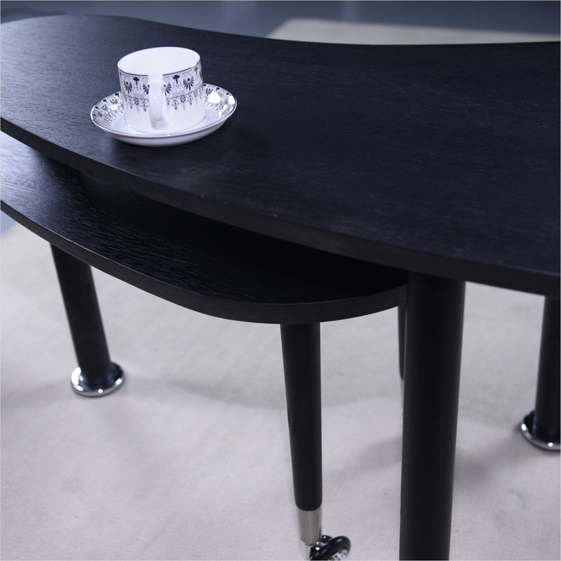 Nesting Cocktail Table with Rotating Top, Solid Wood Legs, Deep Black MDF, Living Room