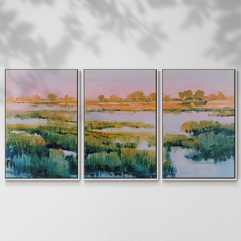 Marshland View I, ensemble de 3 toiles encadrées, Cadre blanc, H 24 po x l 48 po x P 2 po