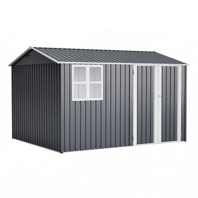 10X8FT Outdoor Steel Storage Shed with Clear Window, Lockable Doors, Weather-Resistant Metal Tool Shed for Garden, Backyard, Patio, and Utility Storage,Gray