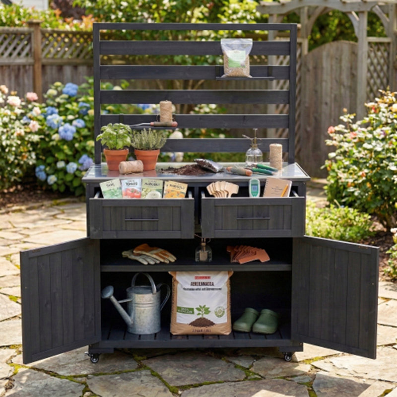 Îlot de cuisine pour patio avec plateau en acier inoxydable, 3 tablettes mobiles et 2 tiroirs, Noir