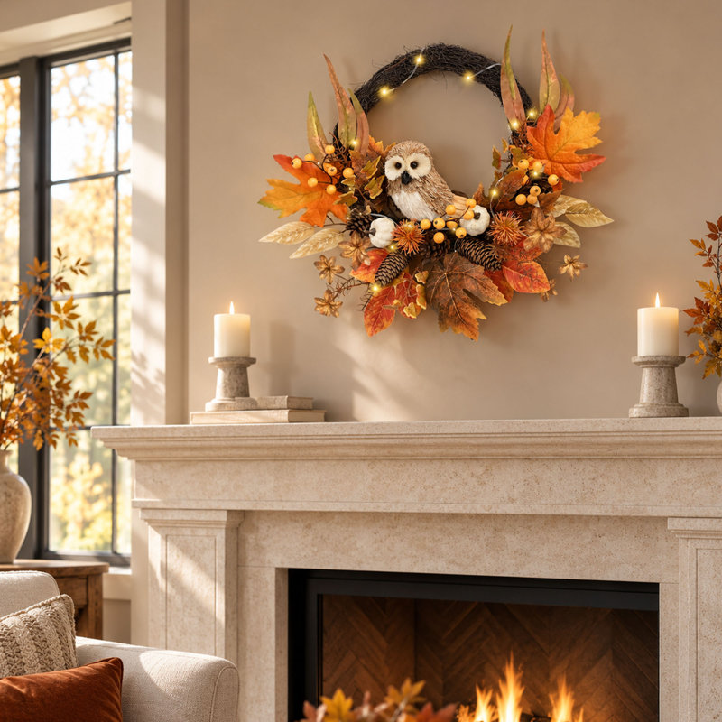 Couronne d'automne lumineuse de 45 cm (18 pouces) avec citrouille et hibou, idéale pour la porte d'entrée.