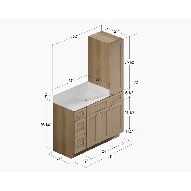 Disar 51'' Single Bathroom Vanity With Right Linen Tall Cabinet Dovetail Solid Wood Drawer Carrara Quartz Top, Natural Oak