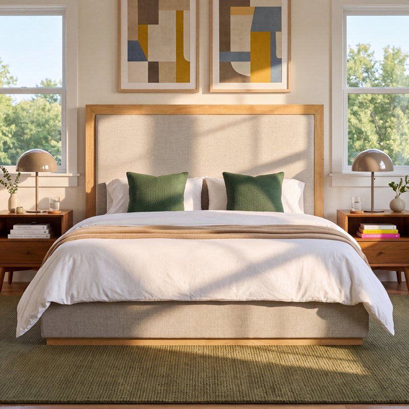 Reanna Upholstered Standard Bed, Queen, Natural Wood/Gray