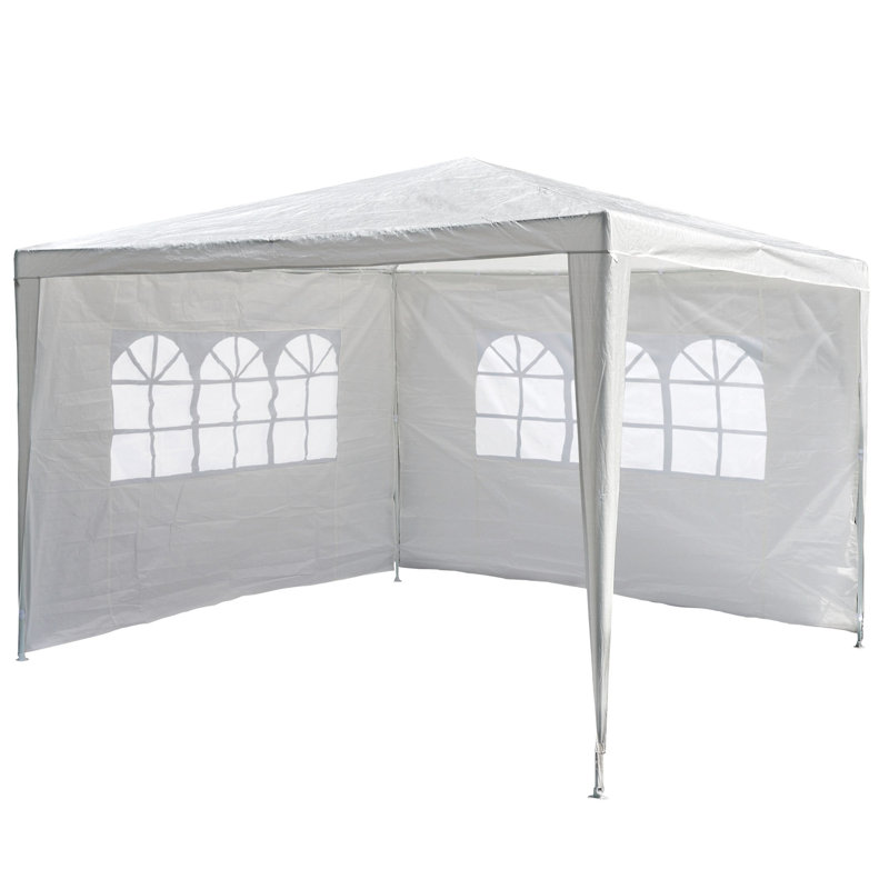 3m x 3m garden gazebo. Includes 2 side walls with 3 windows each. Material: PE tarpaulin, 110gsm, white festival tent shelter
