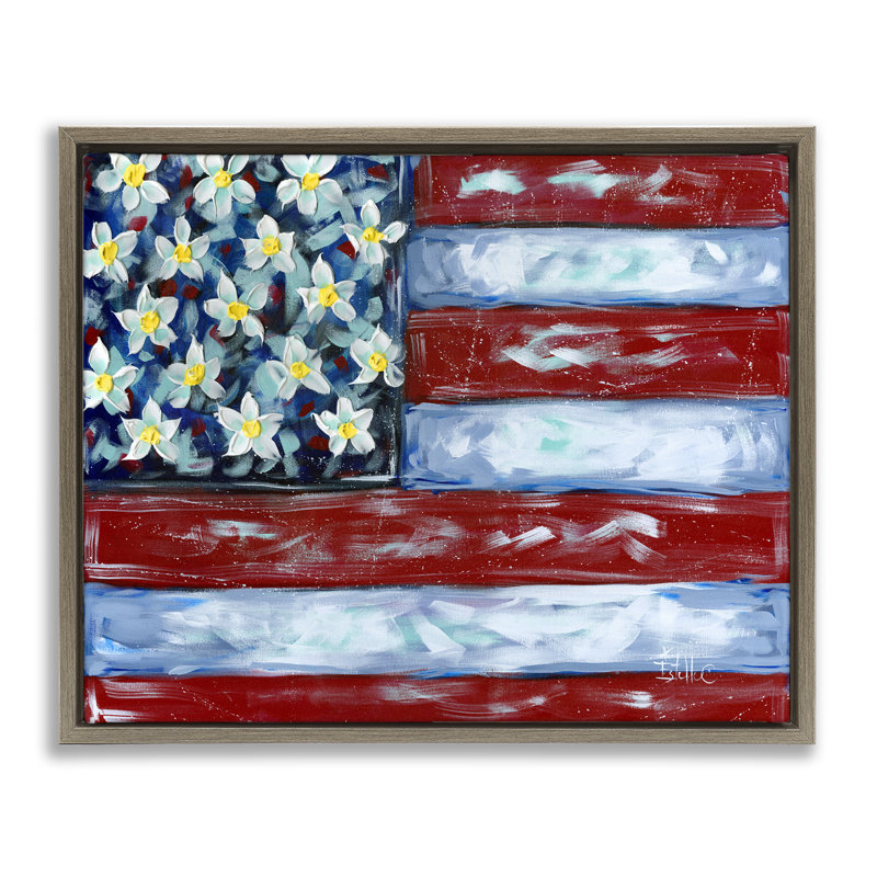  Art mural sur toile, "Flower Stars & Stripes" par Estelle Grengs, H 25 po x l 31 po, Cadre flottant orme Montalcino